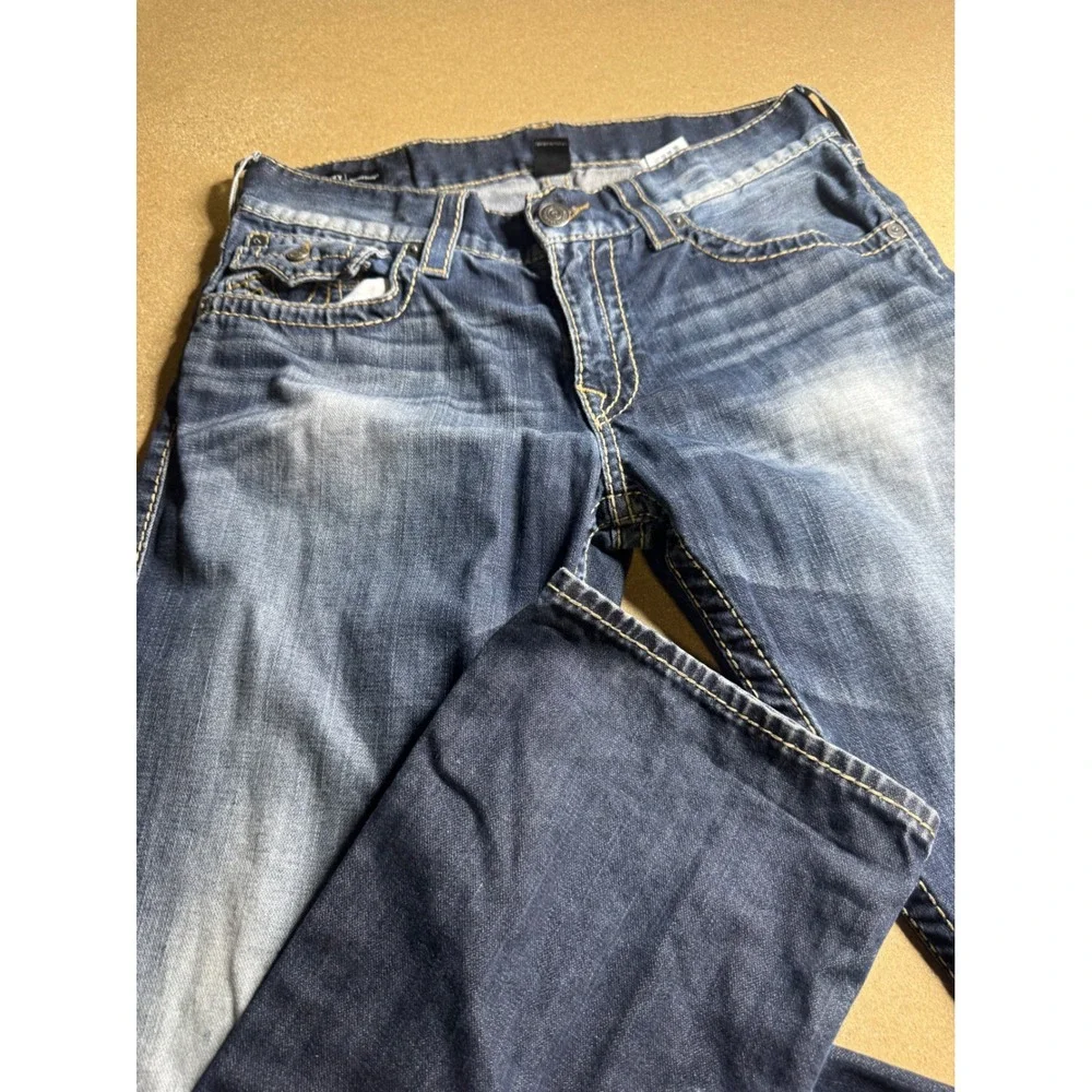 True Religion Mens Straight Leg Jeans Blue Medium Wash Contrast Stitch Size 31